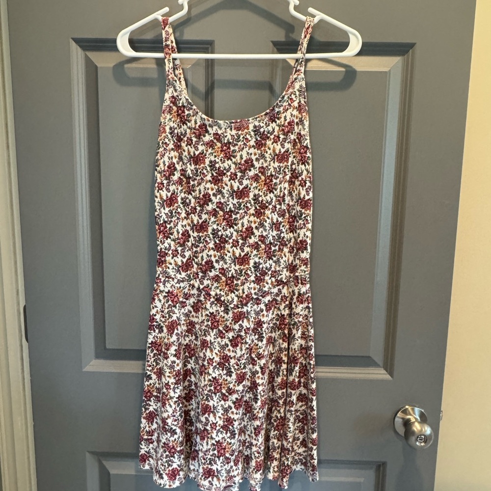 Floral Spaghetti Strap Sundress - White with Red & Green Floral Print